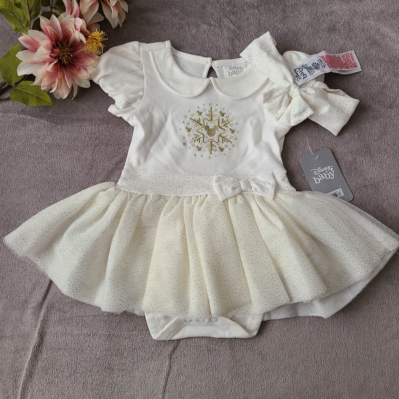 🆕️Disney Baby Snowflake Tutu Bodysuit Dress and Bow - Picture 2 of 13